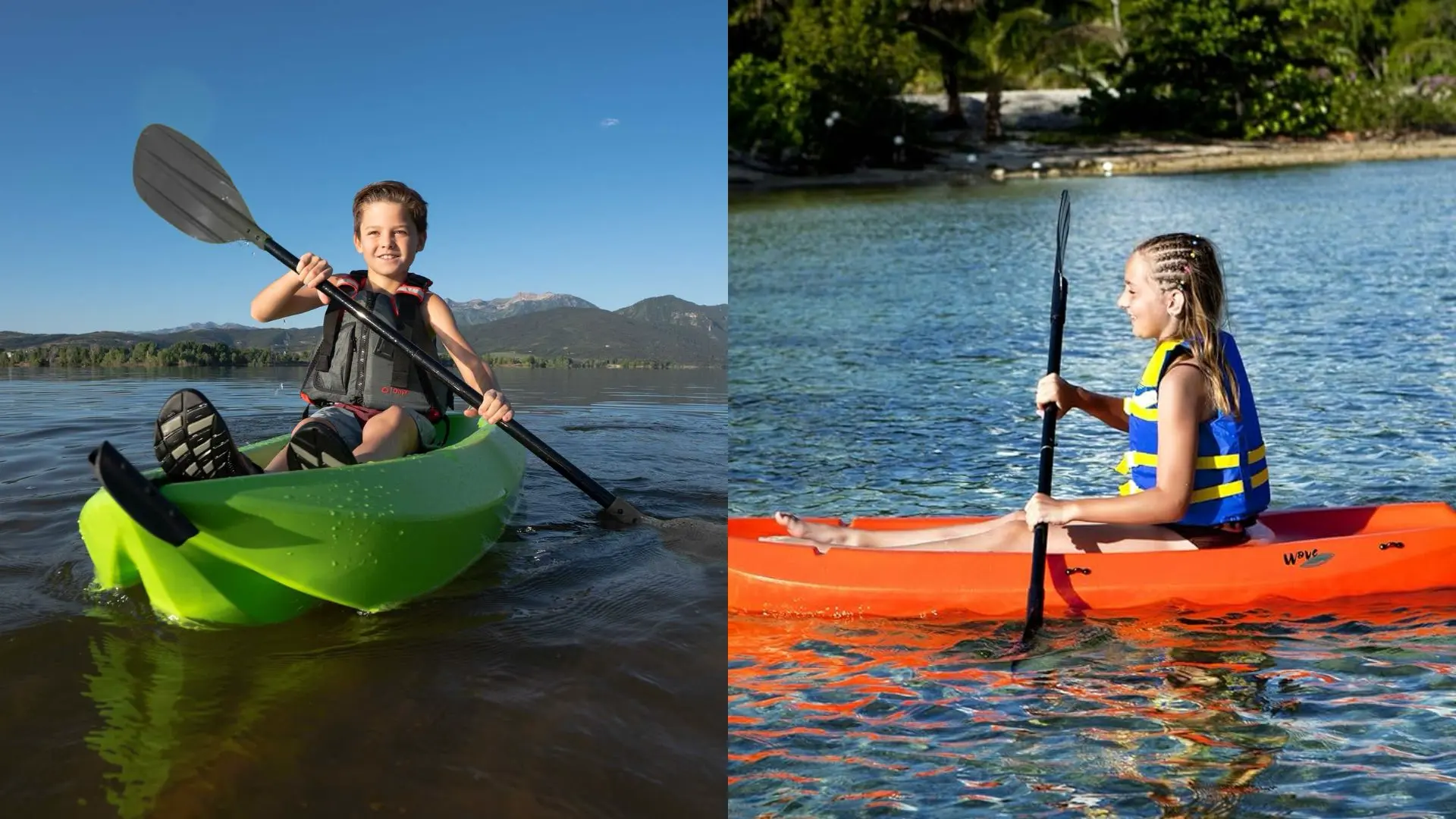 Two children paddling on bright kayaks on a calm lake