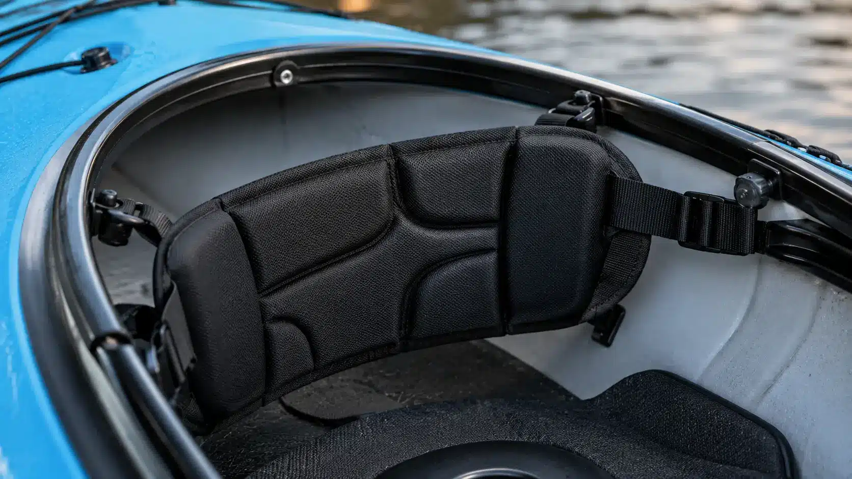 Upgraded backband installed inside a sit-inside kayak cockpit