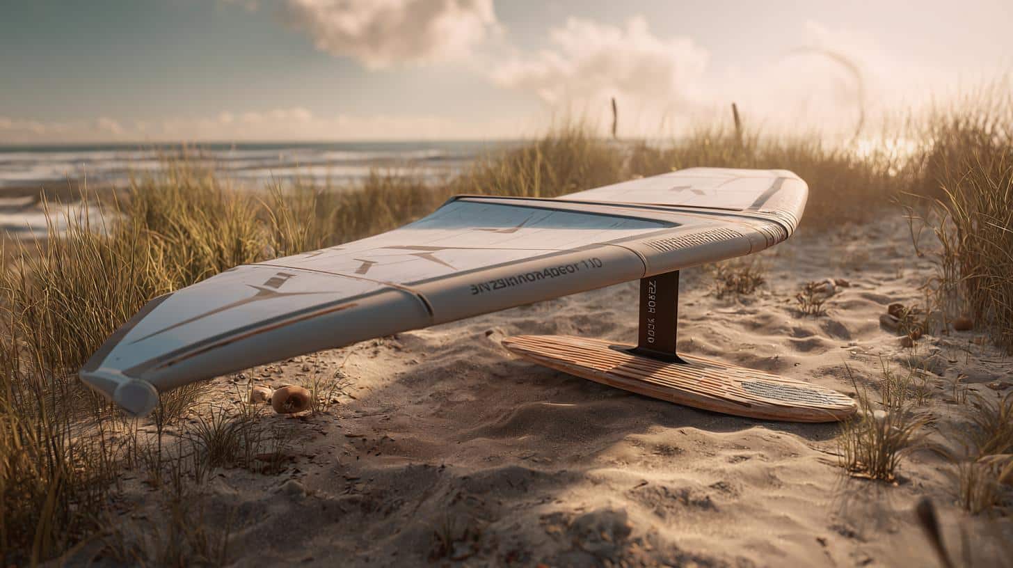 wing foil board with handheld wing on beach