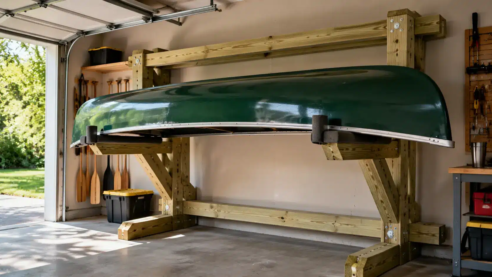 Wooden DIY canoe rack supporting a canoe in garage