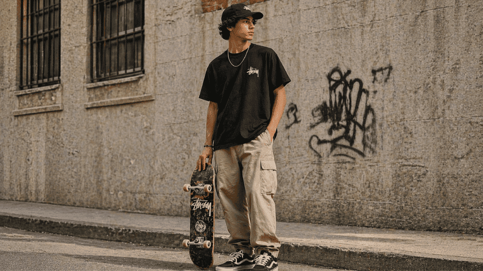 _Young man in streetwear holding a skateboard, standing by a graffiti wall in an urban setting