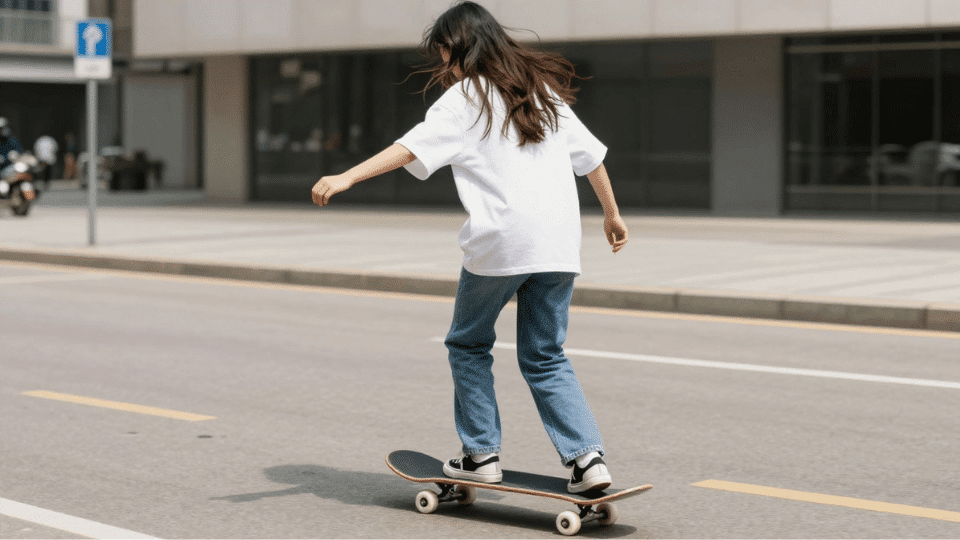 young woman skateboarding on a city street in daylight with buildings and sidewalks nearby.