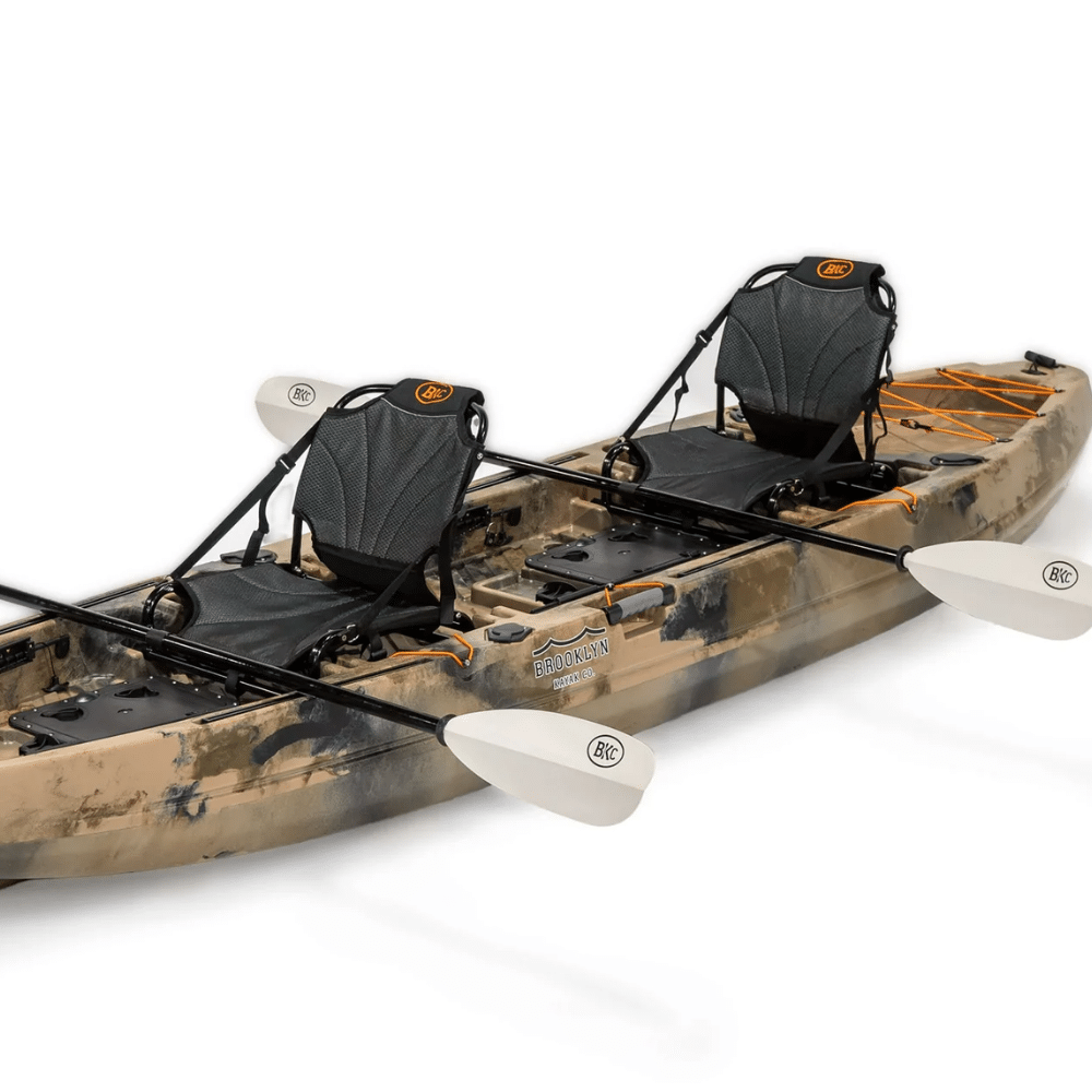 Brooklyn Kayak Company TK122 tandem fishing kayak with paddles and raised frame seats