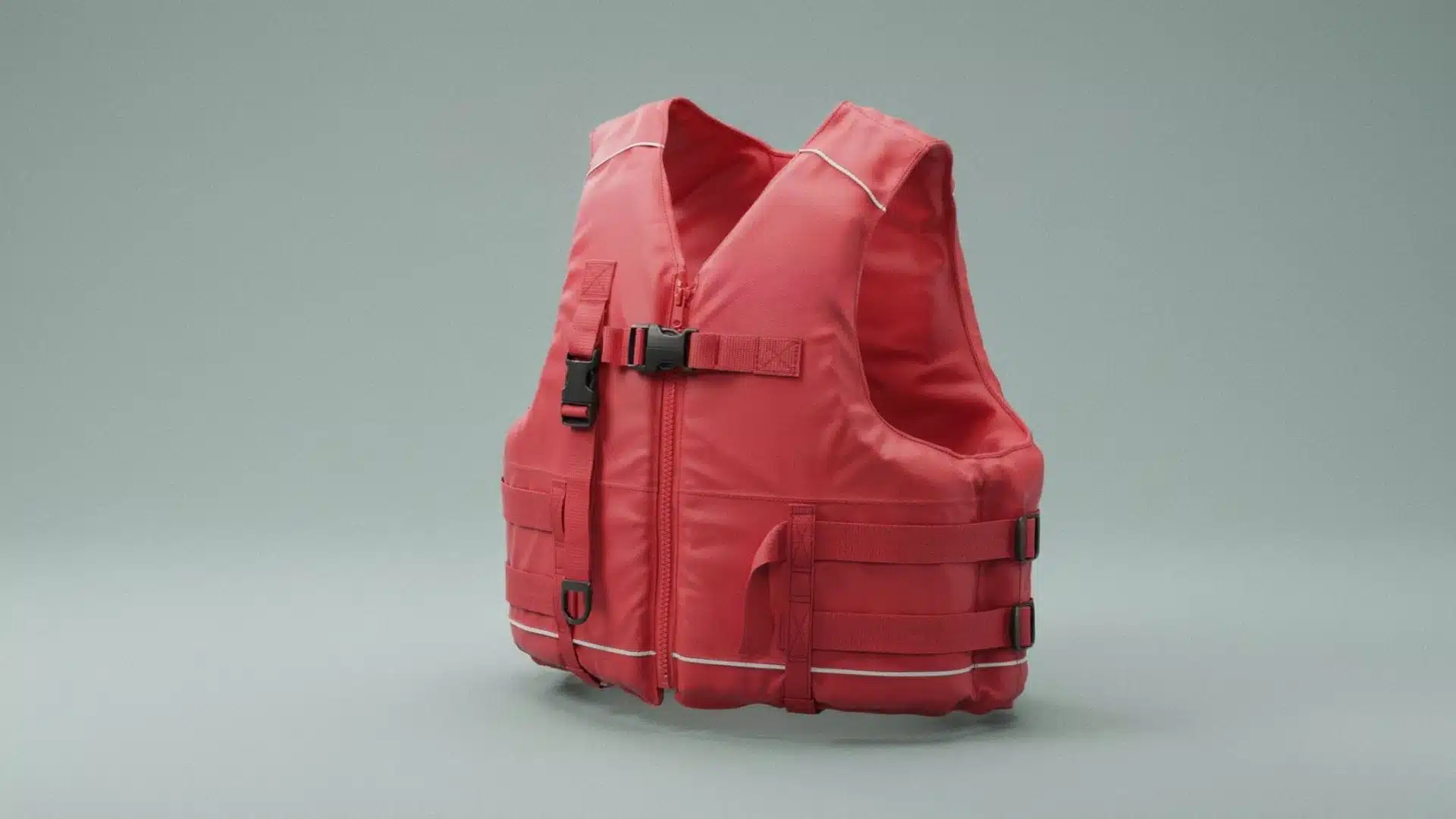 Red Type III flotation aid life jacket with buckles on grey background