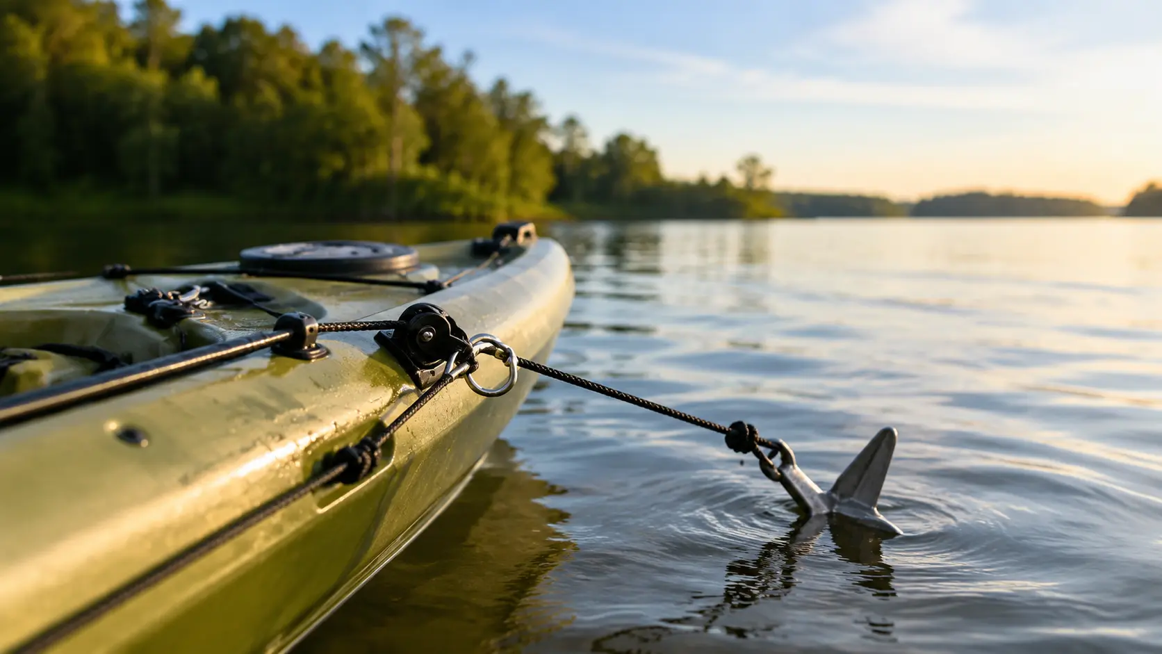 A fishing kayak anchored in calm water with a taut rope connected to a metal anchor, surrounded by a tree-lined shoreline at sunrise or sunset.