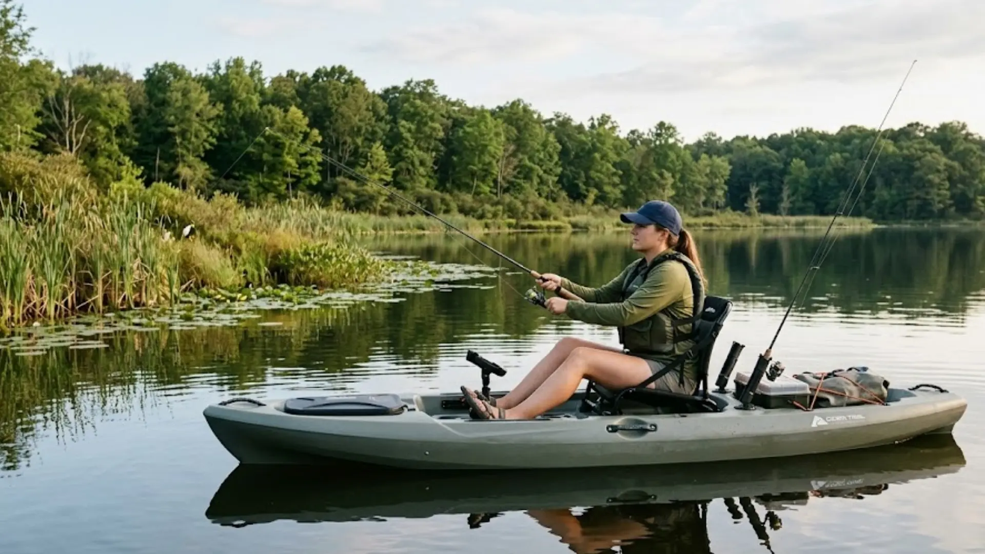 A woman sits in a grey Ozark Trail fishing kayak on a calm lake, reeling in a fishing rod near lily pads.