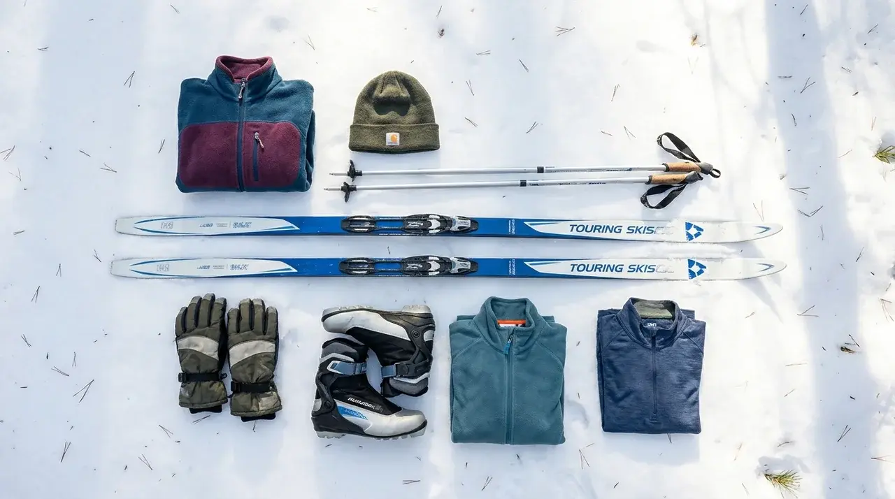 Beginner cross-country skiing gear including skis, poles, boots, gloves, and winter layers on snow