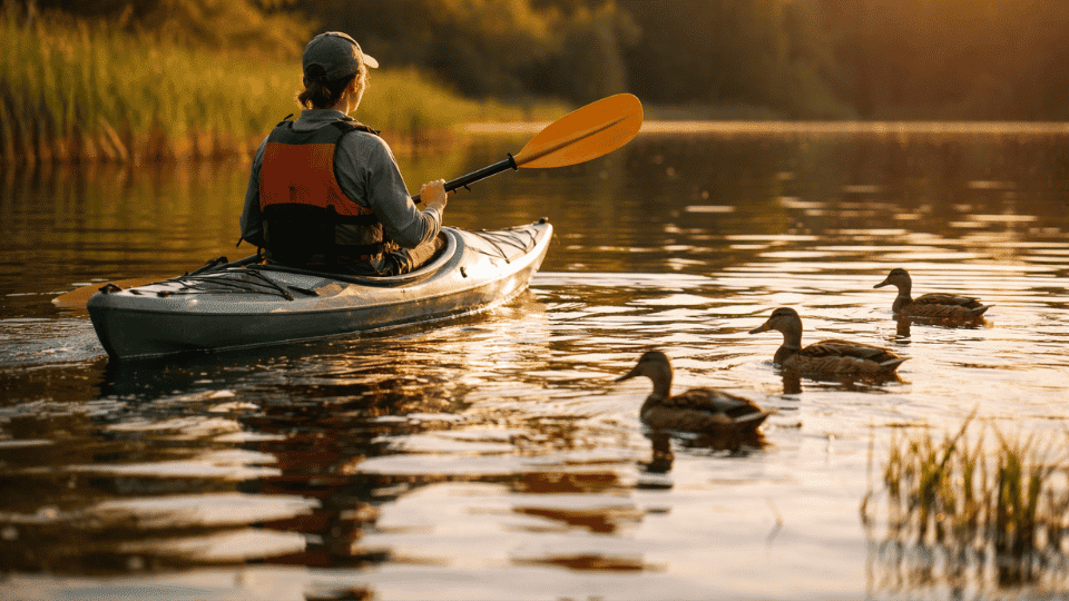 Person kayaking on a calm lake with ducks swimming nearby during golden hour.