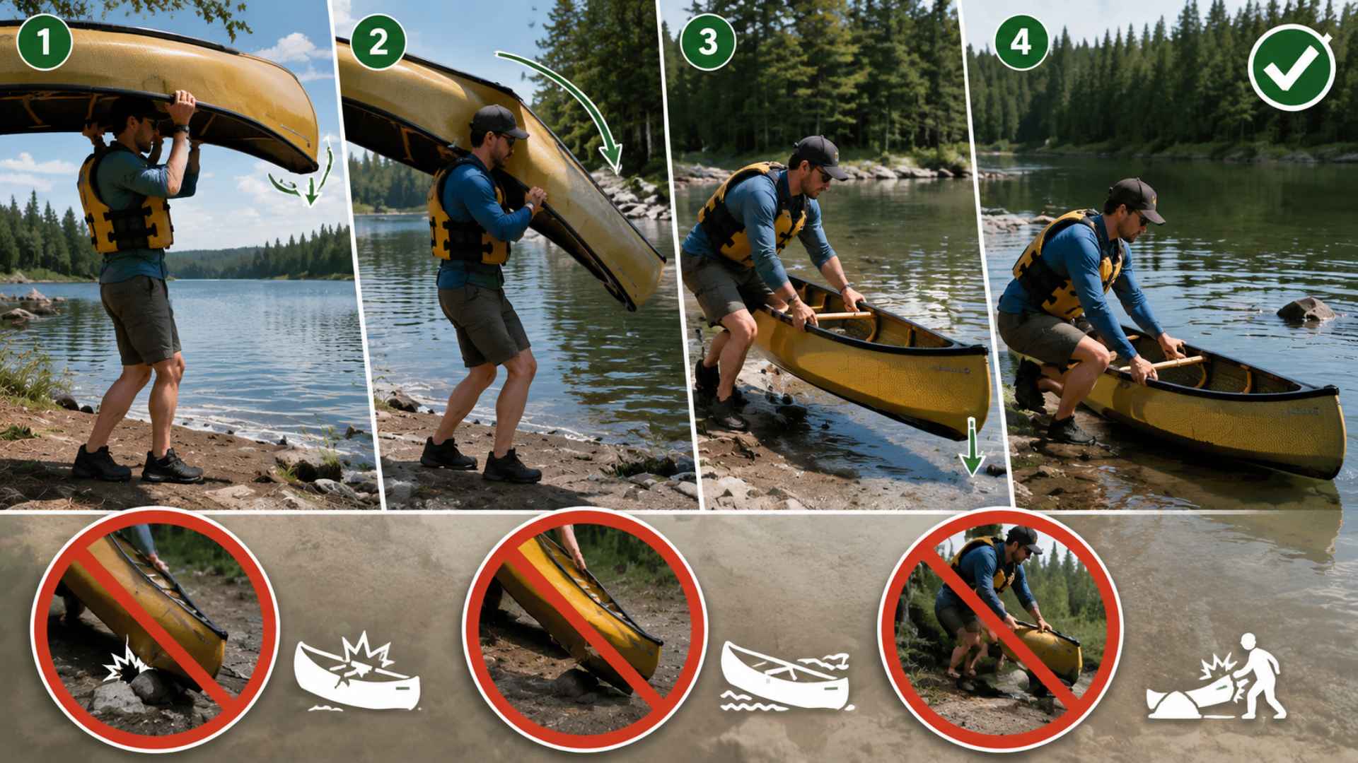 Realistic infographics showing how to bring down canoe with minimal text
