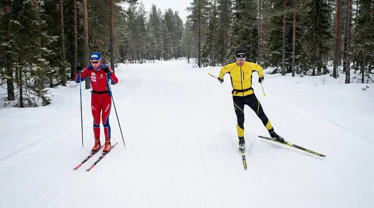 Classic and skate cross-country skiing styles on a groomed Nordic trail in snowy forest