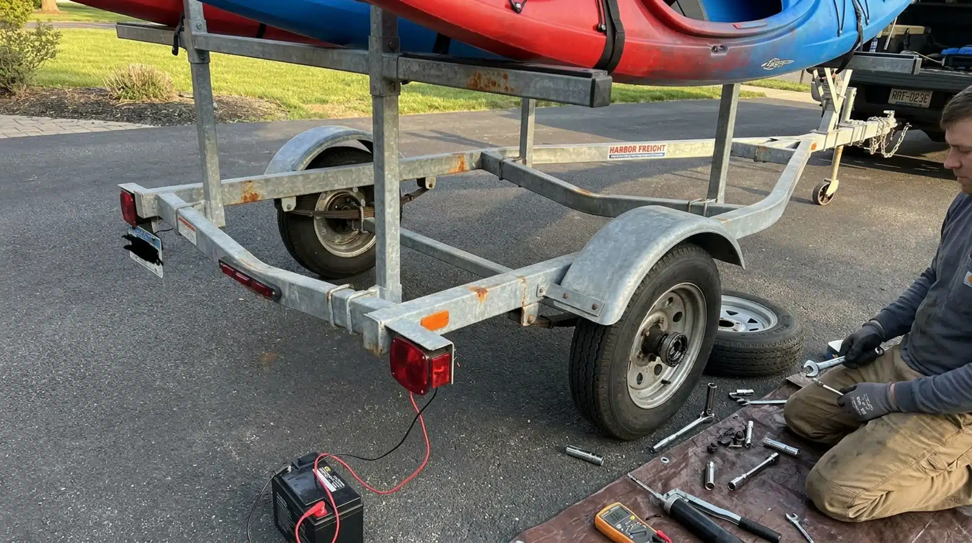 A man repairs a Harbor Freight kayak trailer with tools spread out on the driveway.