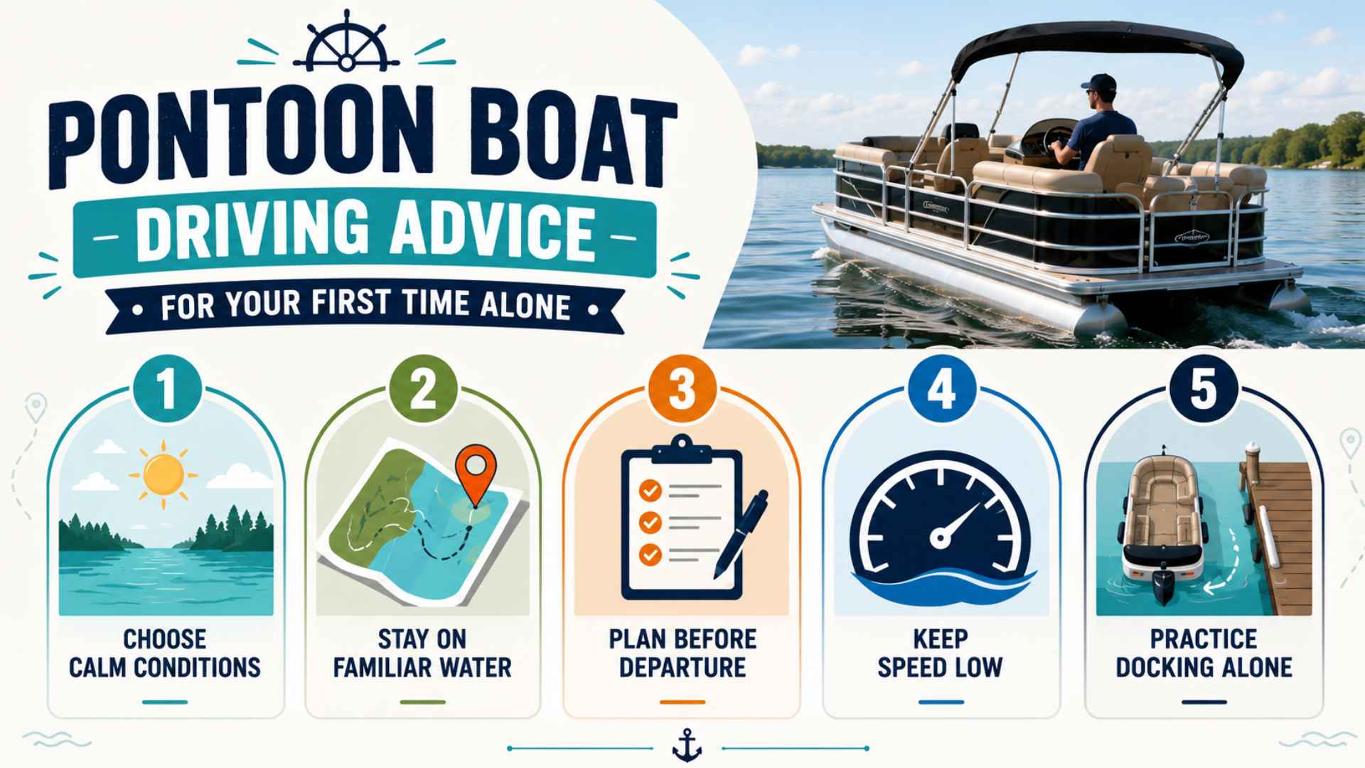 Pontoon boat driving tips infographic with five beginner safety steps, icons, and boat on a calm lake.