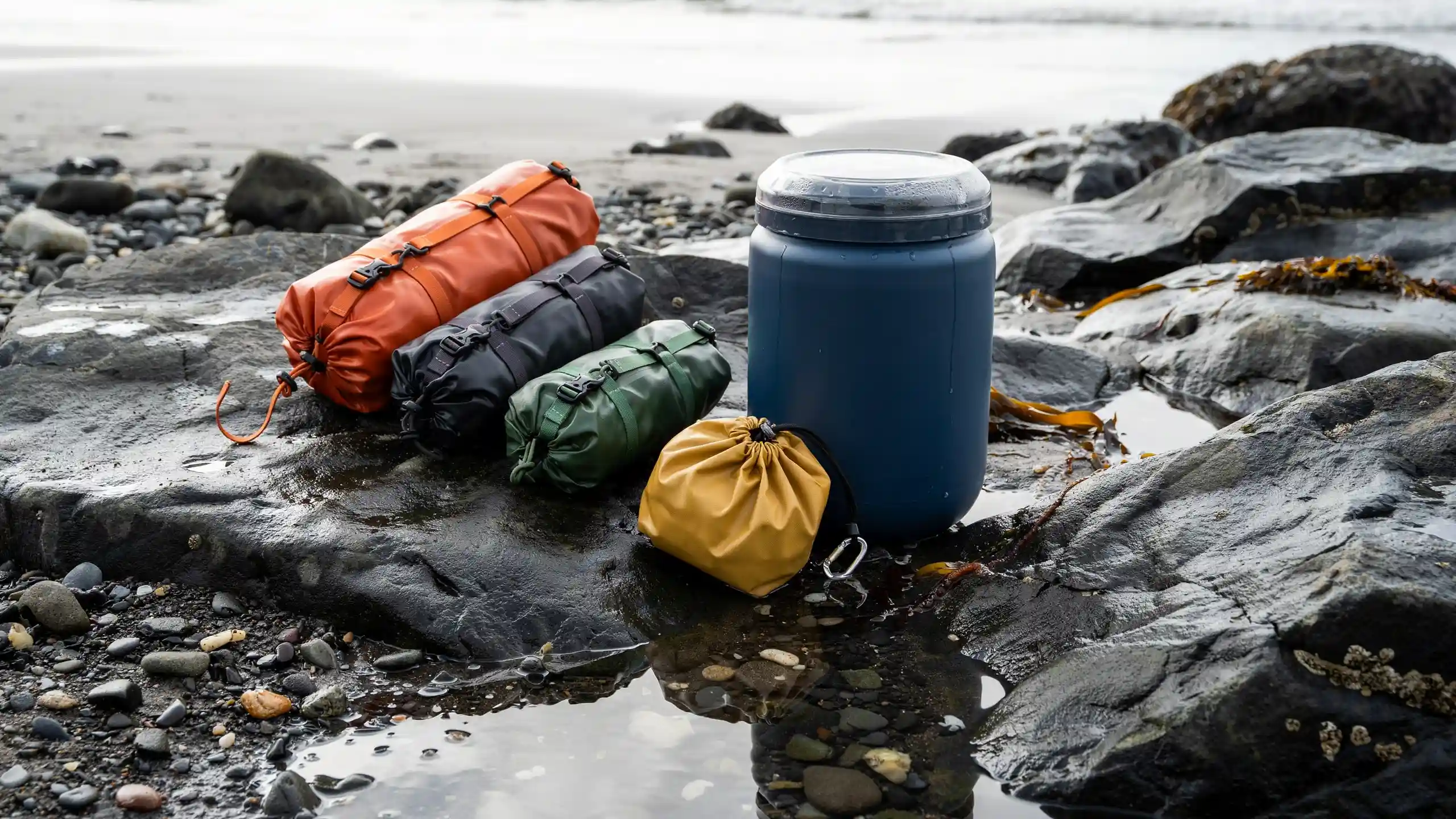 Dry bags and waterproof barrels arranged on shoreline rocks for canoe camping gear storage.