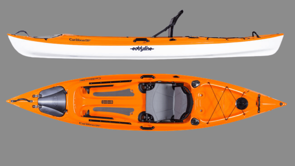 Orange Eddyline Caribbean 12 FS fishing kayak with open deck and gear storage layout