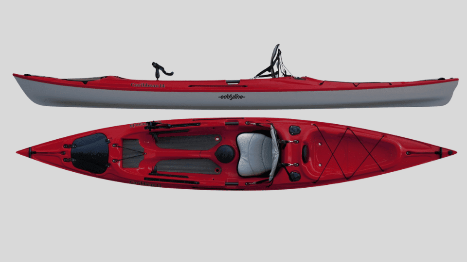 Red Eddyline Caribbean 14 Angler fishing kayak with open deck and rod holder setup