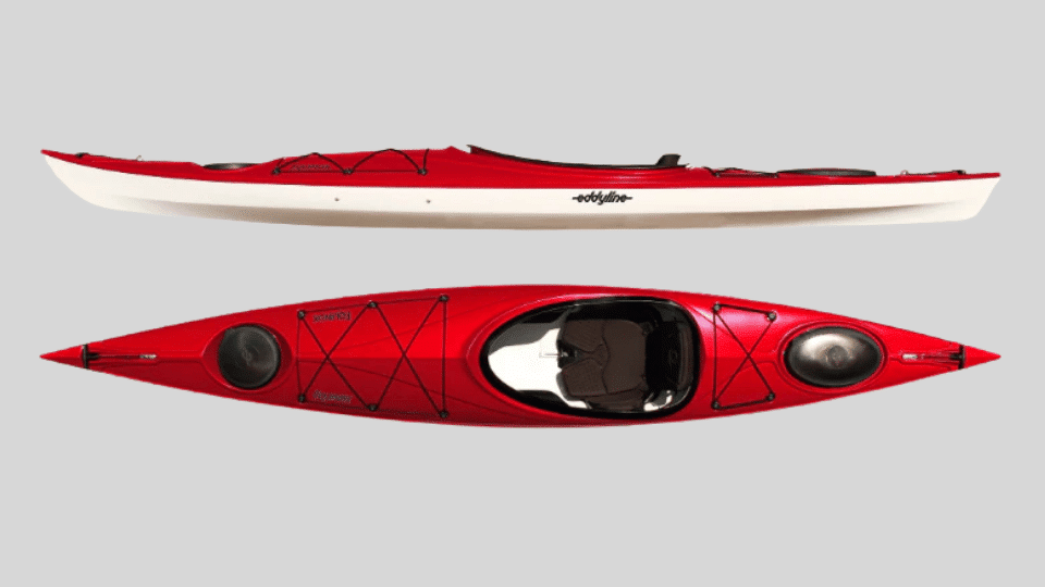 Side and top view of red Eddyline Equinox touring kayak with storage hatches and cockpit