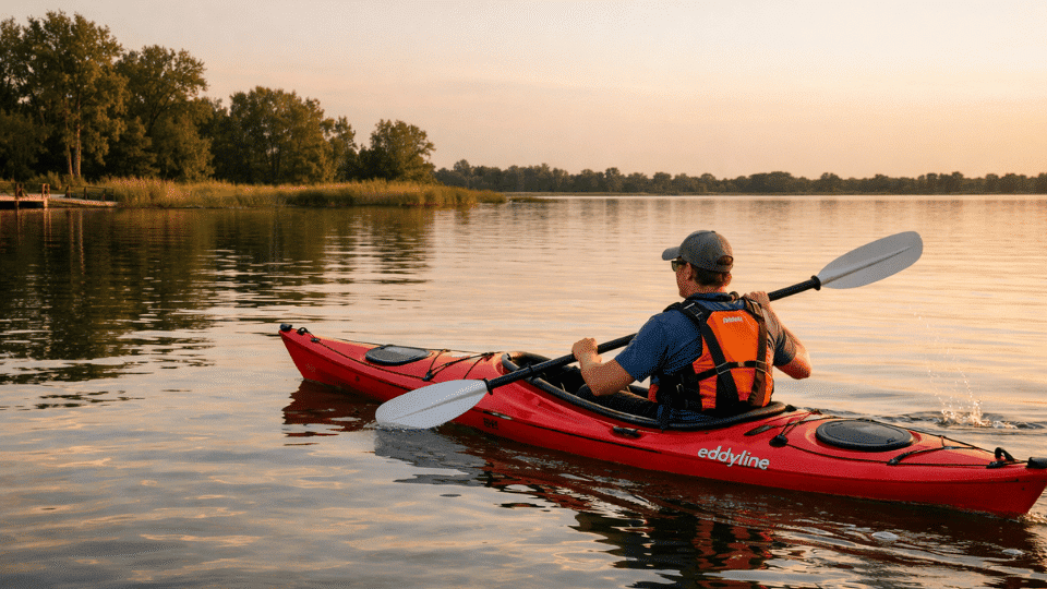 Person paddling a red kayak on a calm lake with trees and soft sunset reflections in the background