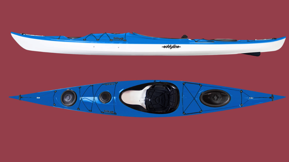 Blue Eddyline Sitka 145 touring kayak with ergonomic cockpit and front rear hatches