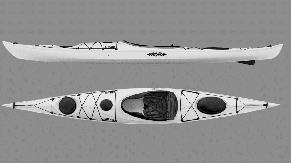 Eddyline Sitka LT kayak shown from side and overhead angles with skeg-ready touring design