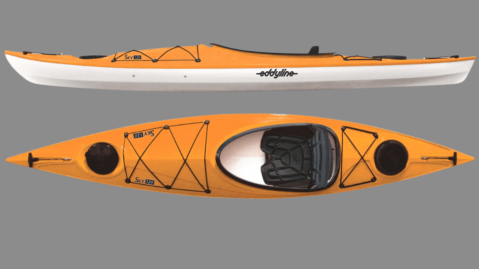 Orange Eddyline Skylark Sky 120 recreational kayak with compact cockpit and deck rigging