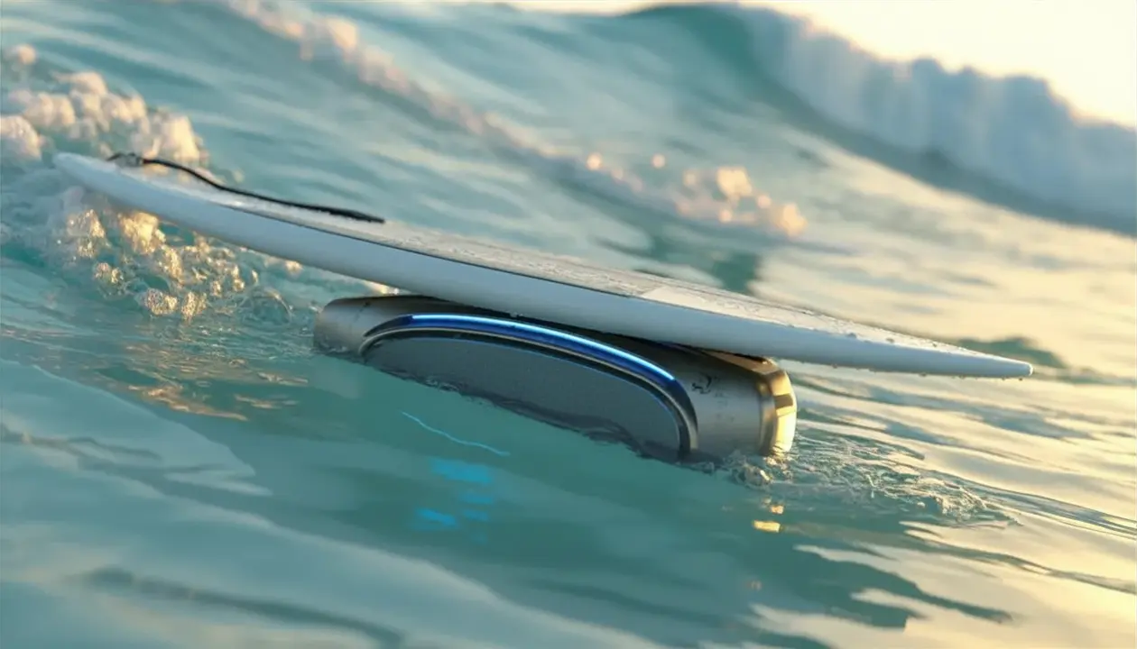 Electric surf fin attached under surfboard floating through ocean waves