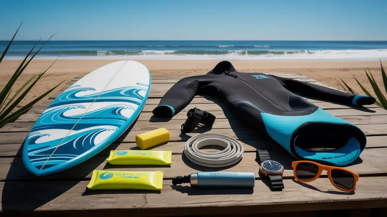 Surfboard, wetsuit, wax, and beach gear arranged on wooden deck beside the ocean.