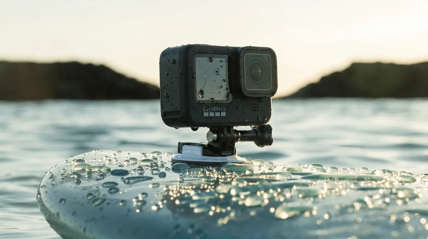 Waterproof action camera mounted on surfboard floating in calm ocean water