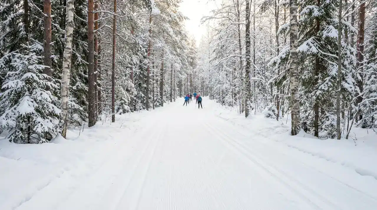 Groomed cross-country ski trail through snowy forest with Nordic skiers in the distance