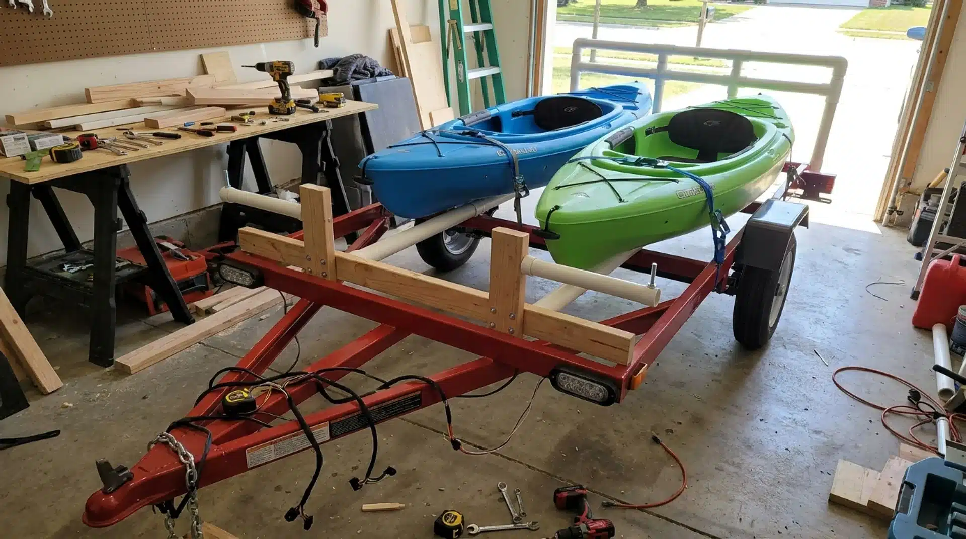DIY Harbor Freight kayak trailer with custom racks and secured kayaks in a garage setup