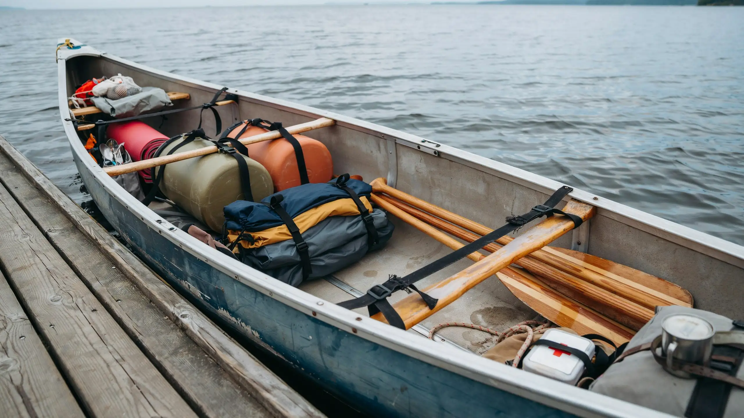 Packed canoe with camping gear secured inside on a dock showing balanced load setup for paddling.