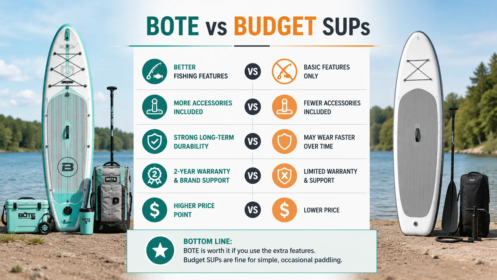 Infographic comparing premium BOTE paddle boards with budget SUPs for features, durability, and overall value