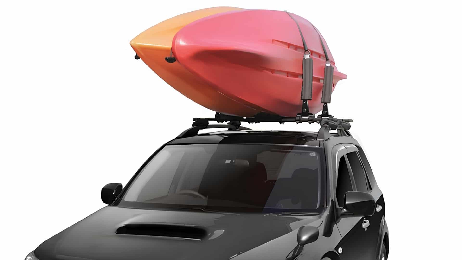 Two kayaks mounted on an INNO INA455 Kayak Lifter roof rack system atop a black car.