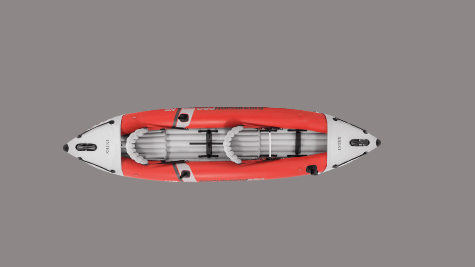 Intex Excursion Pro K2 red and grey inflatable tandem kayak with two seats.