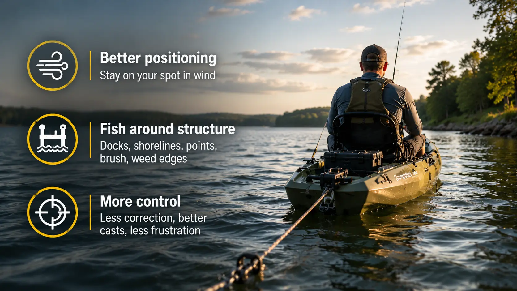 Kayak angler using anchor trolley for controlled fishing position
