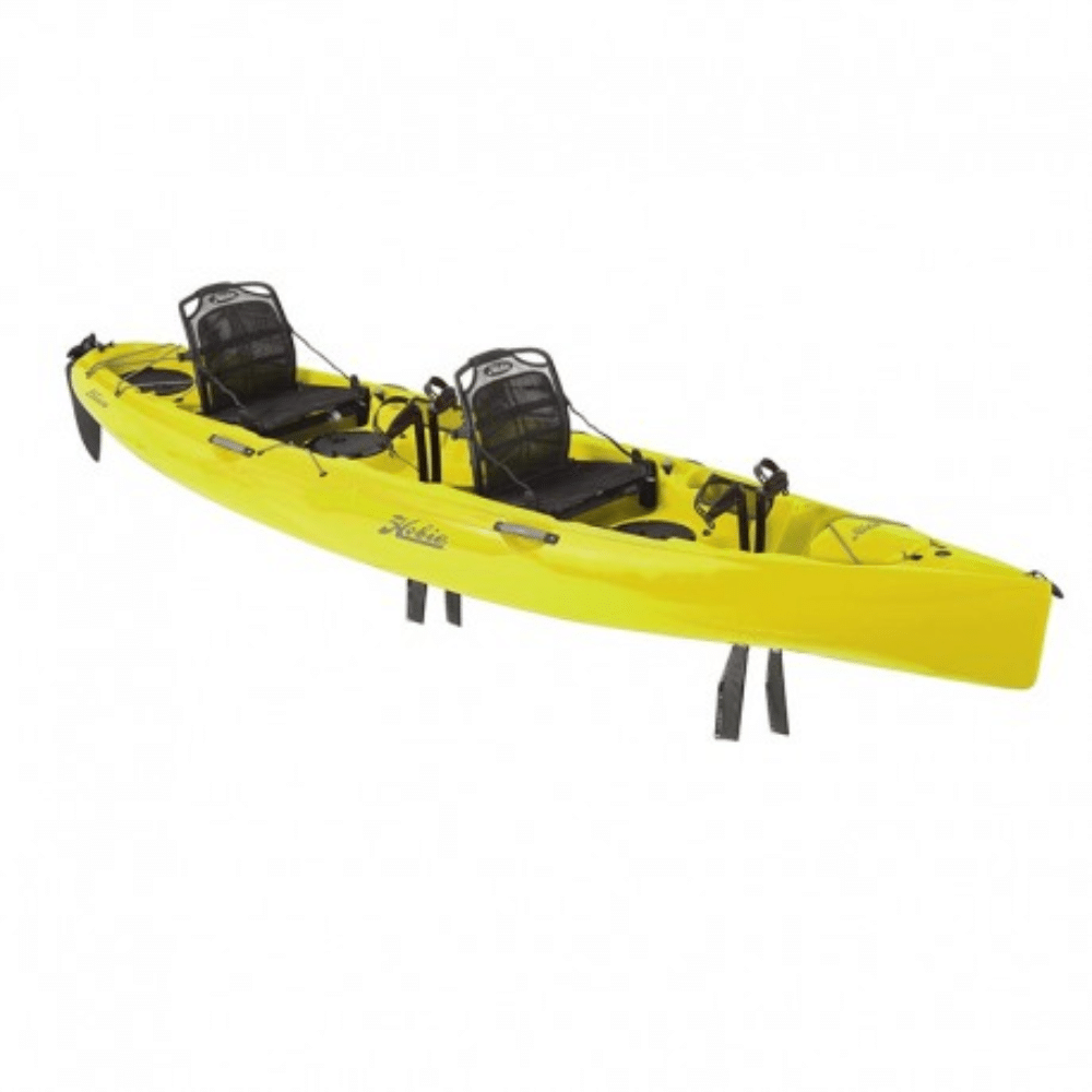 Hobie Mirage Oasis tandem pedal kayak with two mesh seats, MirageDrive fins, and bright yellow hull.