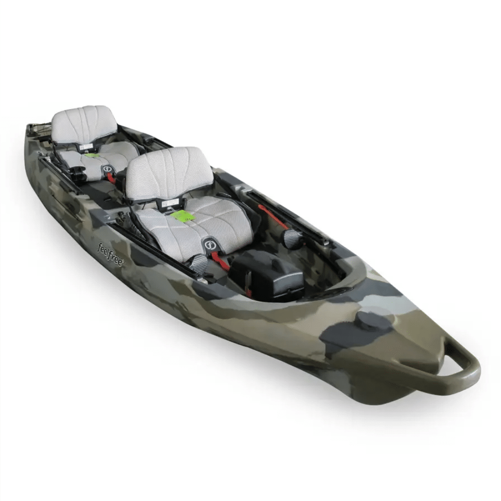 FeelFree Lure II Tandem fishing kayak with two adjustable gravity seats and green camo hull, angled side view.