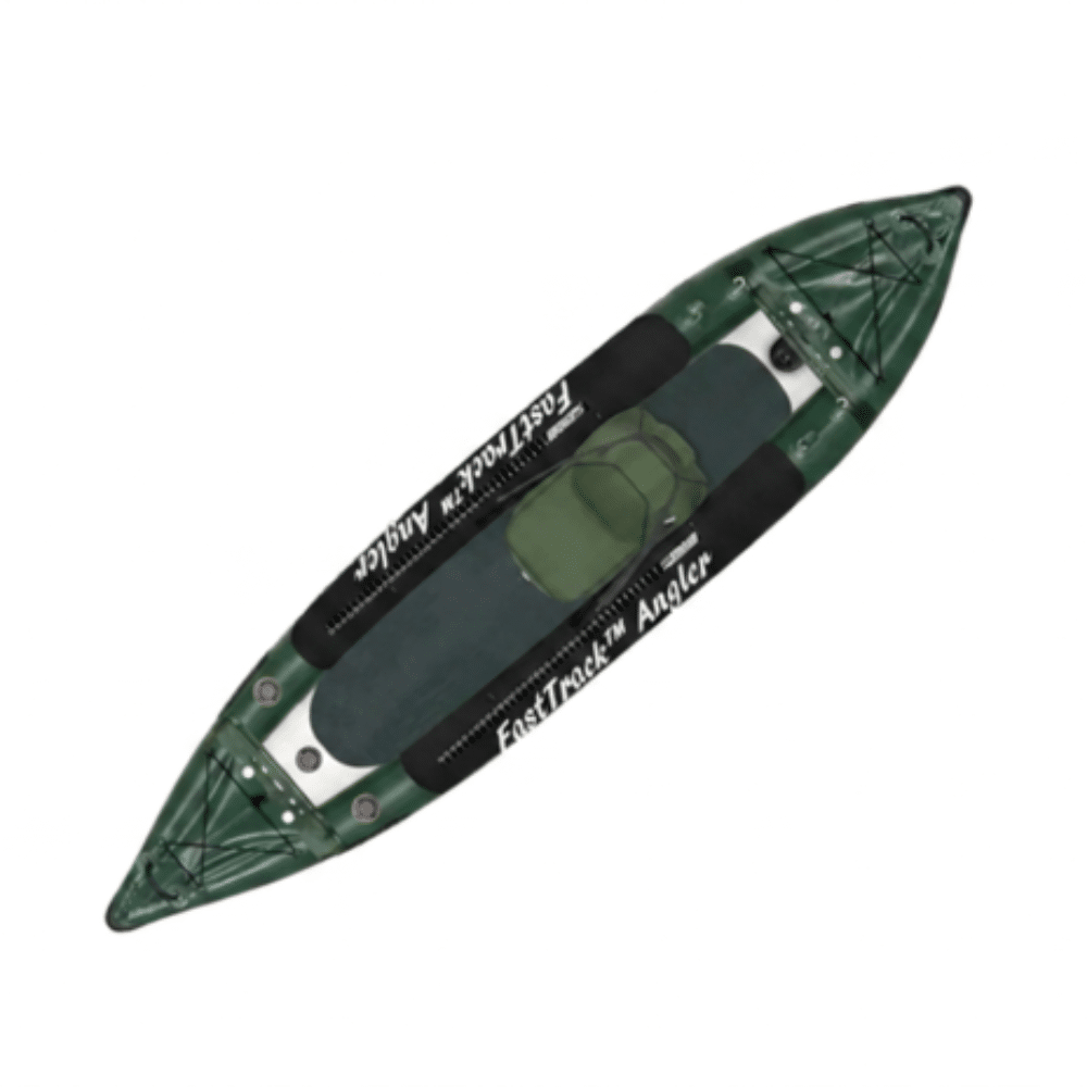 Top view of the Sea Eagle FastTrack Angler 385FTA inflatable fishing kayak in green with padded seat and bungee storage.