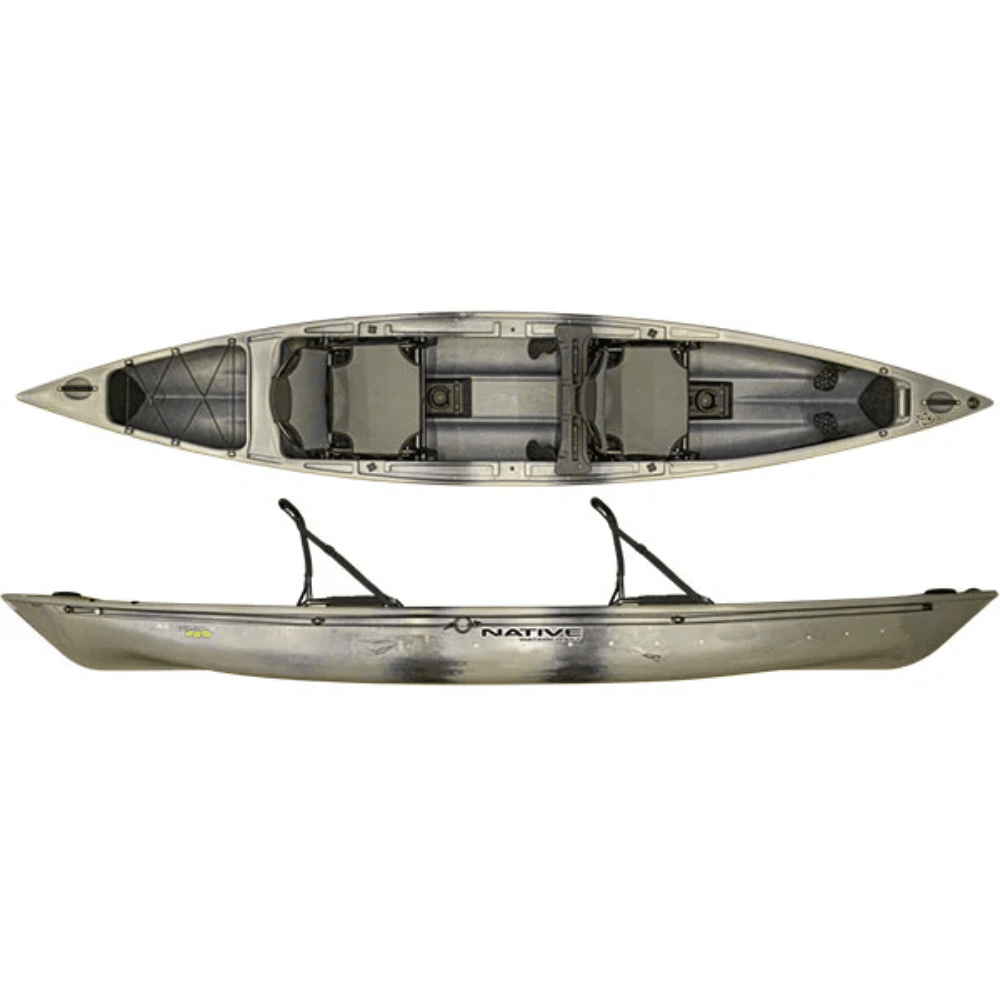 Native Watercraft Ultimate FX 15 Tandem fishing kayak shown from top and side view with dual seating layout