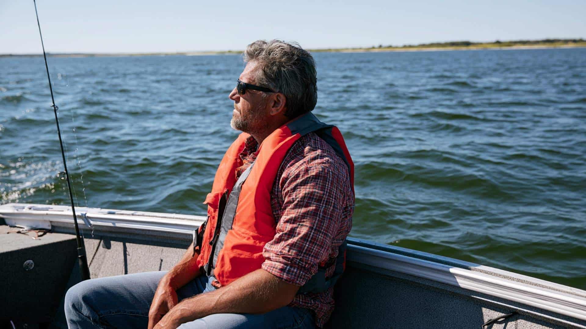 Man wearing an orange Level 100 life jacket sitting on a fishing boat on calm nearshore water.