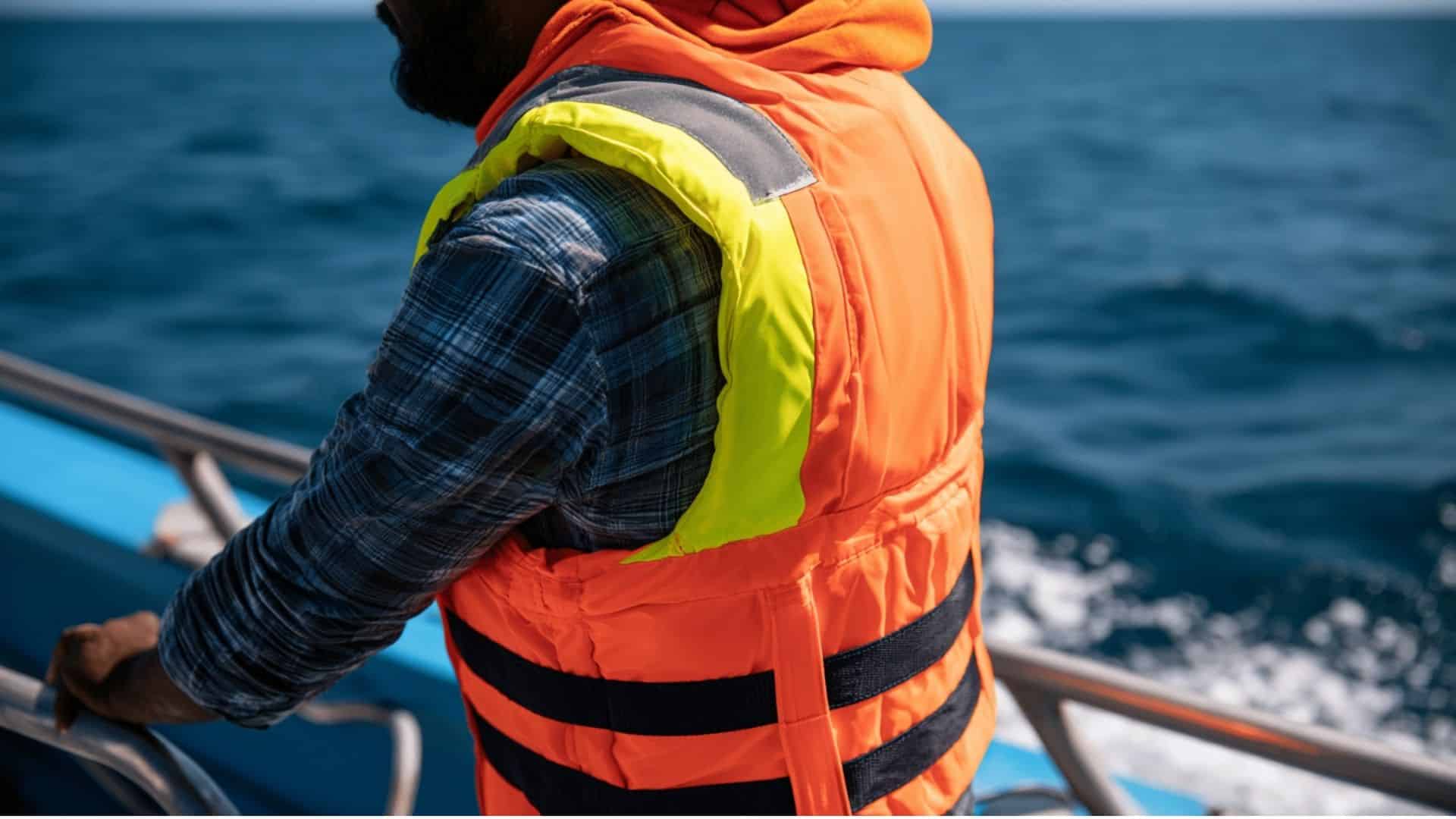 Person on a boat wearing an orange Level 150 life jacket with reflective strips in open offshore water.