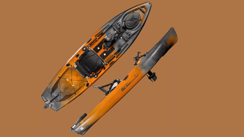 Old Town Sportsman PDL 120 camo pedal-drive kayak with tankwell and wide deck.