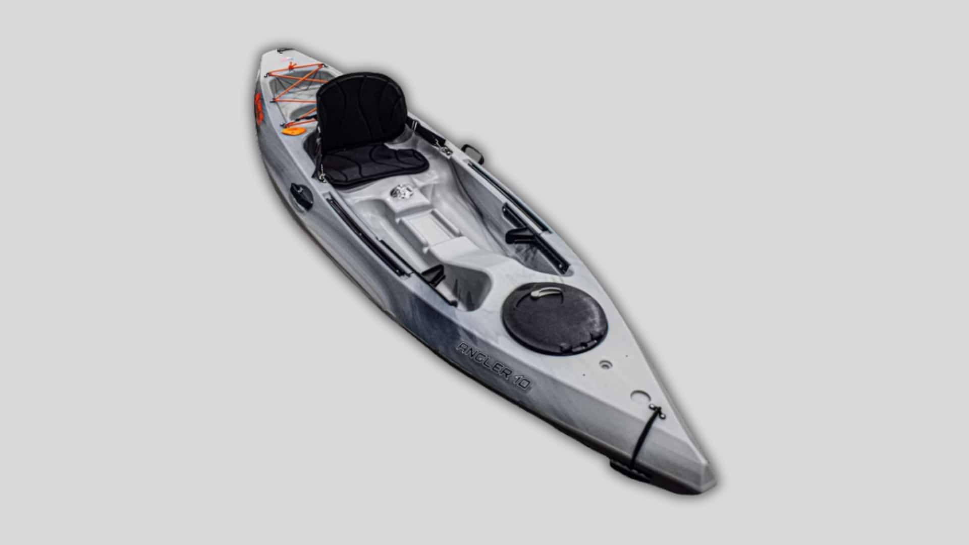 Gray camo Ozark Trail Angler 10 sit-on-top fishing kayak with a black seat on a plain background.