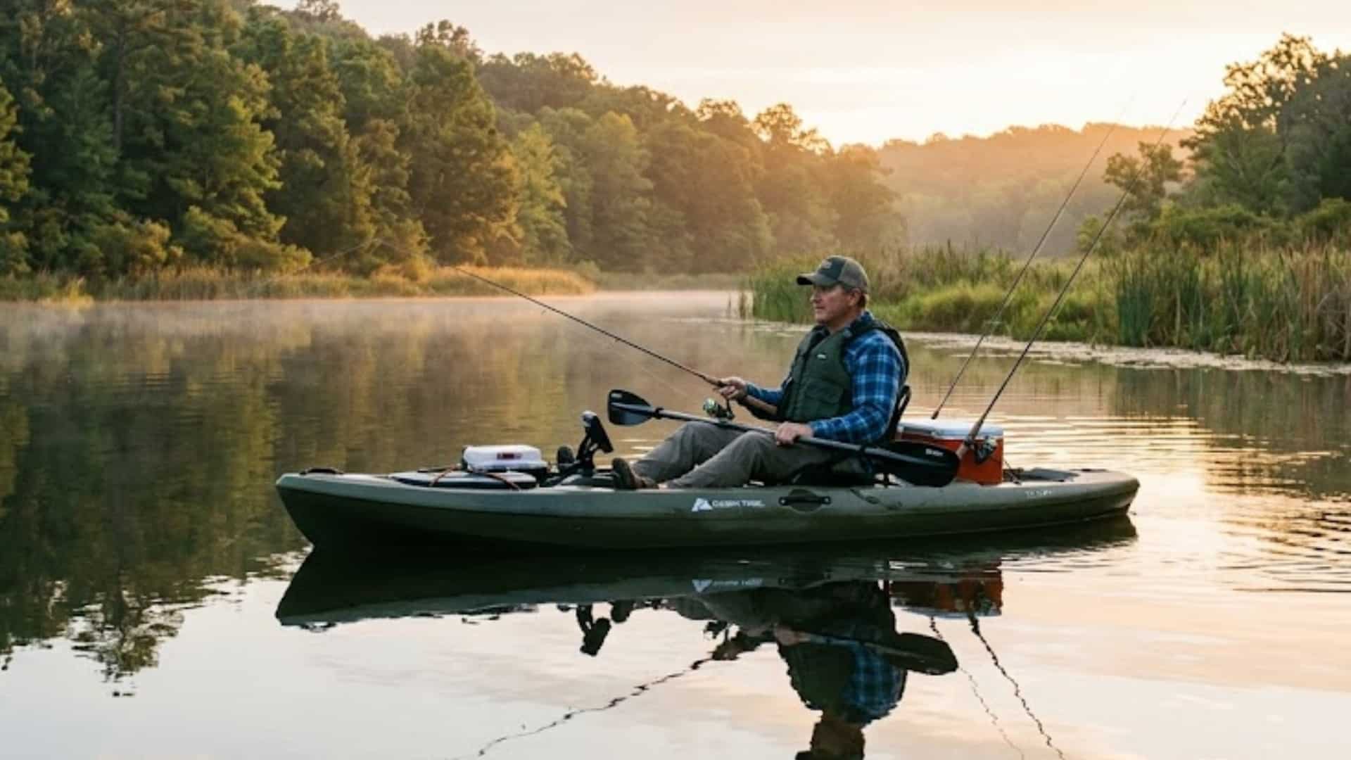 Man fishing from a green kayak on a calm, misty river surrounded by trees at sunrise.