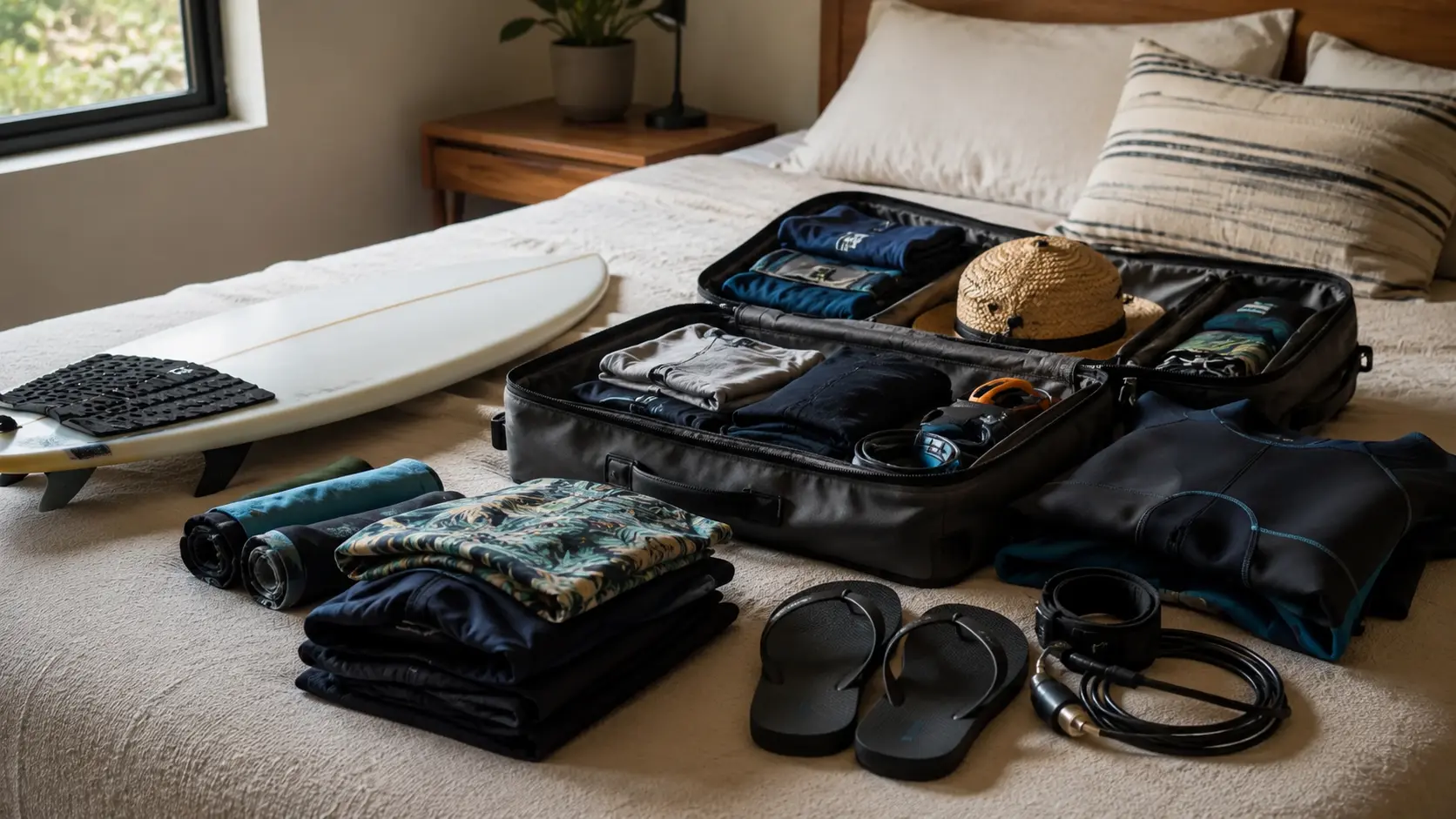 Packed surf travel gear with surfboard, wetsuit, suitcase, and beach essentials arranged on a cozy bedroom bed.
