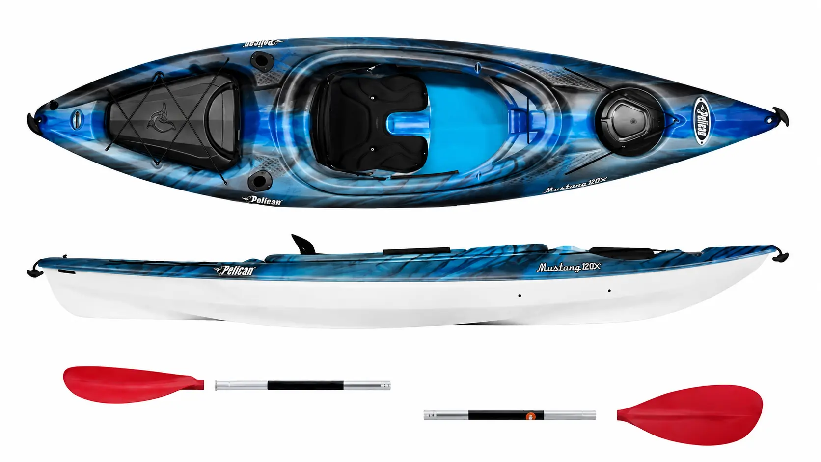 Pelican Mustang 120X kayak with paddle displayed on a white background