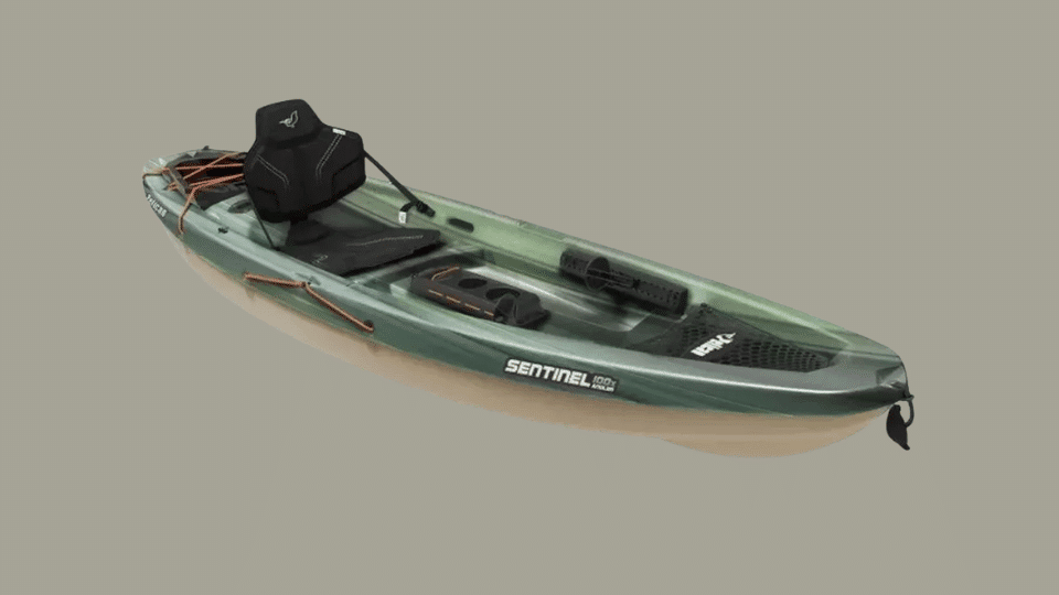 olive green sit-on-top kayak with storage hatch and padded seat.