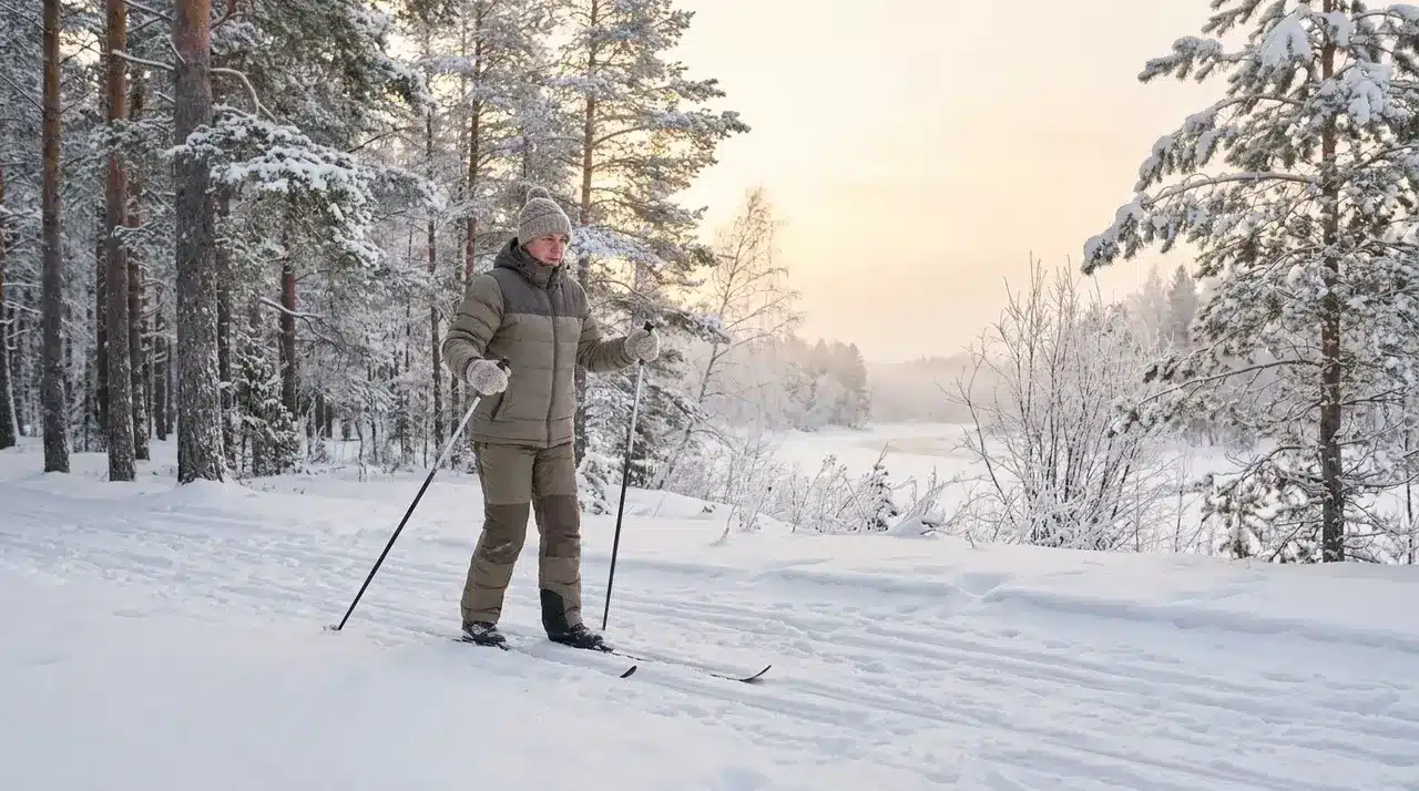 Person cross-country skiing on a snowy forest trail during a calm winter morning with snow-covered trees in the background
