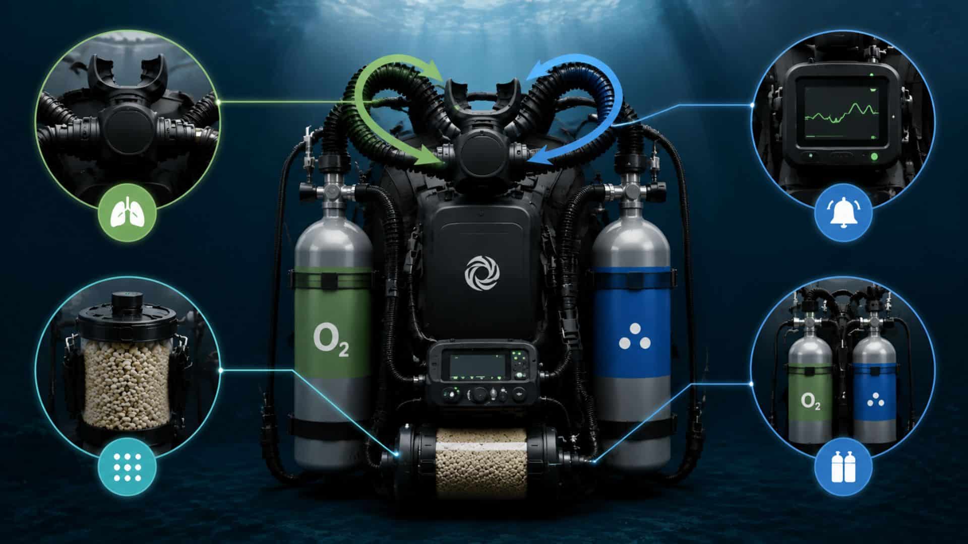 rebreather system underwater diagram showing breathing loop scrubber oxygen sensors and gas cylinders connected system 1