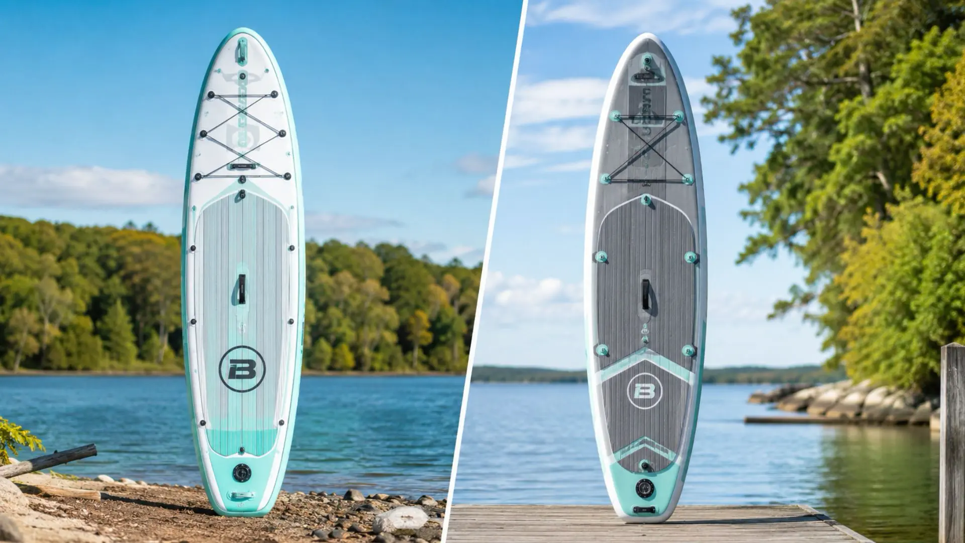 Side-by-side comparison of two BOTE inflatable paddle boards standing near a calm lakeside shoreline