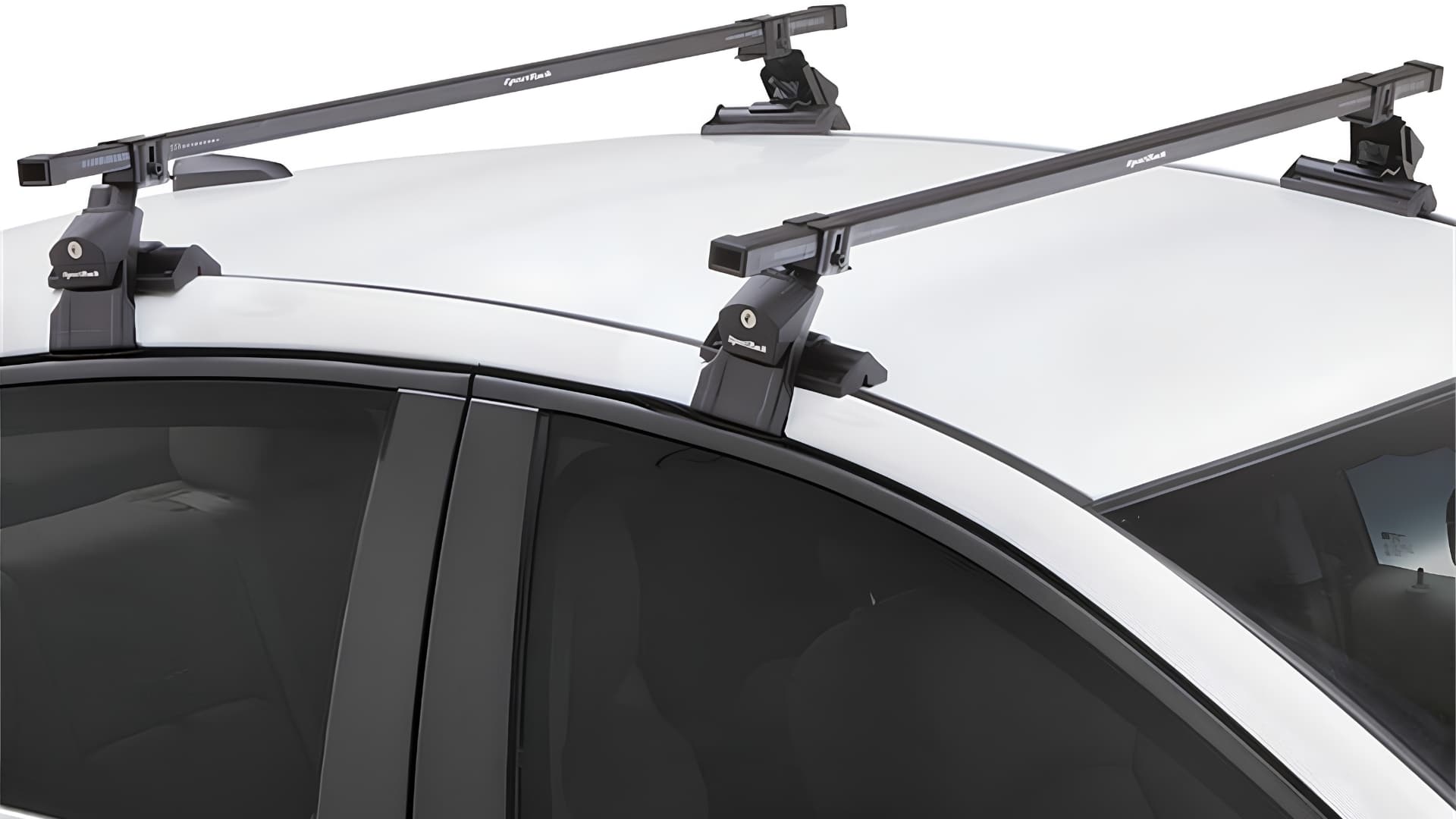 A black SportRack Complete Roof Rack System mounted on the roof of a white car.